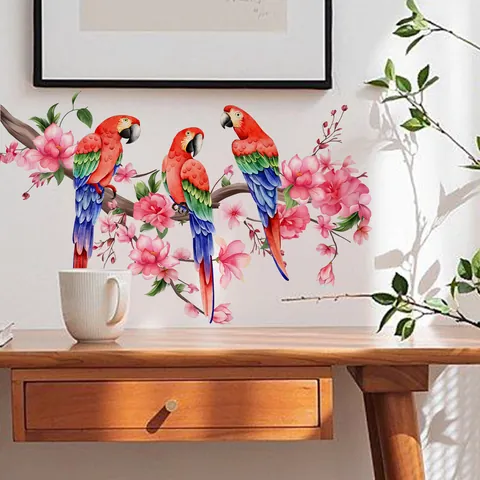 Sticker Mural En PVC Perroquet Et Fleurs De Cerisier Imperméable Décalcomanie Branche Fleurie Papillon Pour Décoration Maison