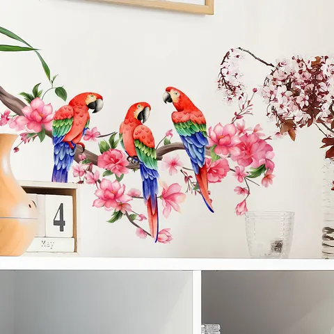 Sticker Mural En PVC Perroquet Et Fleurs De Cerisier Imperméable Décalcomanie Branche Fleurie Papillon Pour Décoration Maison