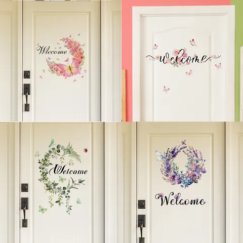 Fresh Flower Butterfly Welcome Wall Sticker PVC Waterproof Removable Door Decal For Living Room Bedroom Entrance Home Decor