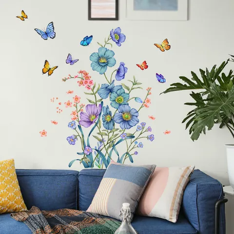 Blaue Blumen Schmetterling Wandaufkleber PVC Selbstklebend Aquarell Blumen Decals Für Wohnzimmer Schlafzimmer Home Dekoration