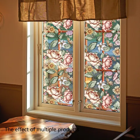Film Statique pour Vitrage en PVC à Motifs Floraux Rétro Autocollant de Fenêtre Intimité Motif Pivoine Rose pour Décoration de Maison