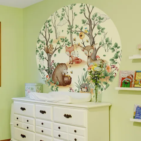 Watercolor Forest Animals Bear Deer Fox Round Wall Stickers For Kids Nursery Bedroom Home Decor Non-PVC Paper Decal