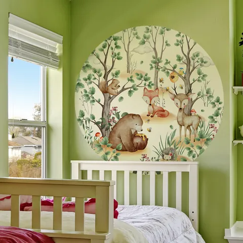 Watercolor Forest Animals Bear Deer Fox Round Wall Stickers For Kids Nursery Bedroom Home Decor Non-PVC Paper Decal