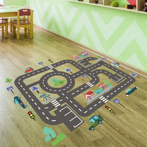 Stad Verkeer Wegenkaart Muurstickers Voor Kinderkamer DIY Cartoon Auto Baan Vloerstickers PVC Educatieve Speelmat Decoratieve Muurschildering