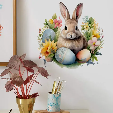 Sticker Mural Lapin de Pâques Floral Imperméable PVC Autocollant Décalcomanie Toilettes Pour Chambre Enfant Décoration Maison