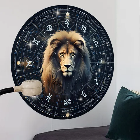Realistischer Löwenkopf Tierkreiszeichen Rundes Wandtattoo Astrologie Konstellation Papierkunst Wandbild Für Schlafzimmer