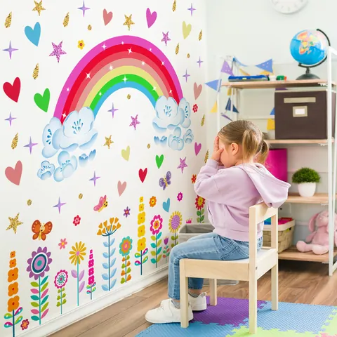 Adesivi Murali Arcobaleno a Fumetti Stelle Cuori Fiori Decalcomanie Decorative in PVC per Cameretta Bambini Camera da Letto Casa
