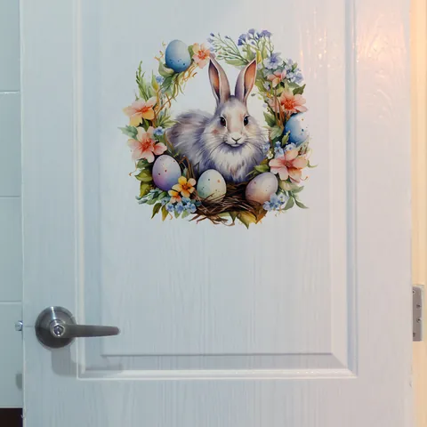 Sticker Mural Lapin de Pâques Floral Imperméable PVC Autocollant Décalcomanie Toilettes Pour Chambre Enfant Décoration Maison