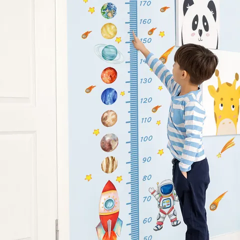 Astronaut Space Planet Growth Height Chart Wall Sticker For Kids Room Nursery Decor PVC Cartoon Rocket Solar System Decal