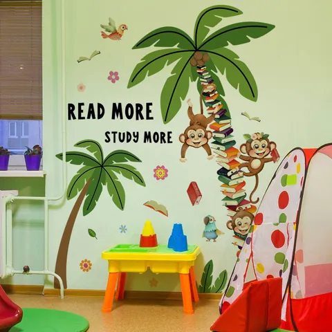 Stickers Muraux Singe Palmier Livres de Dessin Animé PVC Auto Adhésif Read More Study More Stickers Éducatifs Chambre d'Enfant