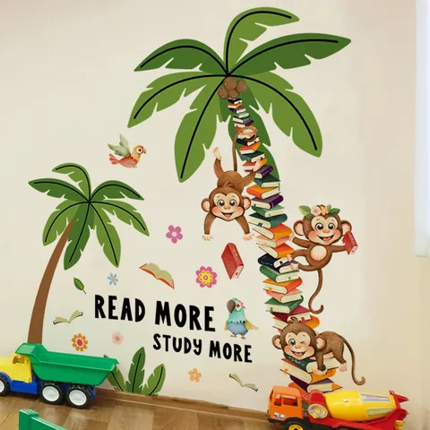 Stickers Muraux Singe Palmier Livres de Dessin Animé PVC Auto Adhésif Read More Study More Stickers Éducatifs Chambre d'Enfant