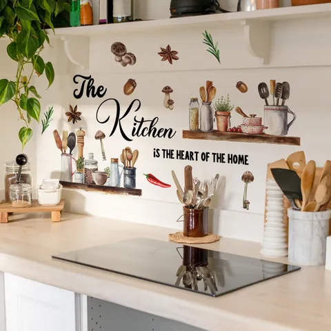 Sticker Mural De Cuisine En PVC Imperméable Avec Motif D'Ustensiles De Cuisine Et D'Épices Dessinés À La Mano Slogan The Kitchen Is The Heart Of The Home Décalcomanies Décoratives Pour Cuisine Et Salle À Manger