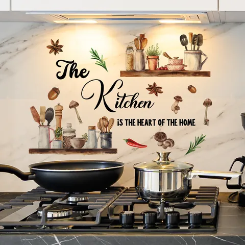 Sticker Mural De Cuisine En PVC Imperméable Avec Motif D'Ustensiles De Cuisine Et D'Épices Dessinés À La Mano Slogan The Kitchen Is The Heart Of The Home Décalcomanies Décoratives Pour Cuisine Et Salle À Manger