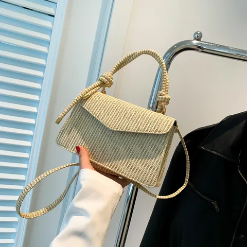 Fashion Woven Texture PU Leather Shoulder Bag For Women Casual Crossbody Handbag With Knot Handle Flap Small Square Bag