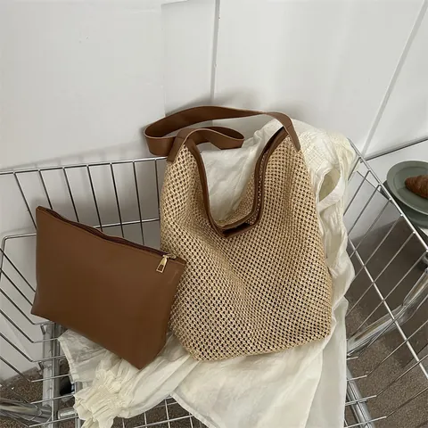 Damen Große Kapazität Strohgeflecht Tote Bag Ausschnitt Sommer Strand Urlaub Schultertasche Mit PU Leder Riemen Beutel Set