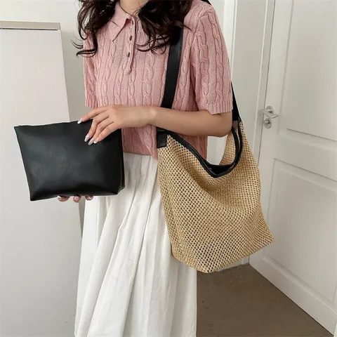 Damen Große Kapazität Strohgeflecht Tote Bag Ausschnitt Sommer Strand Urlaub Schultertasche Mit PU Leder Riemen Beutel Set