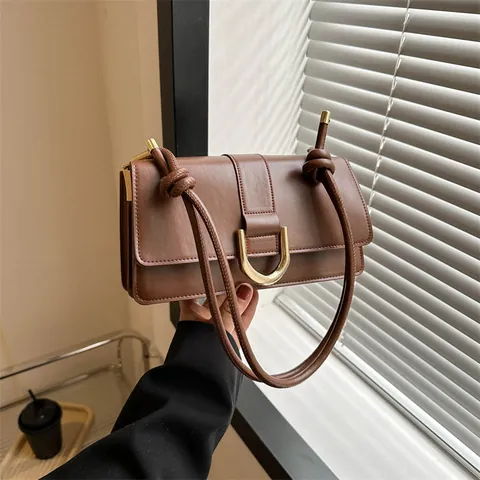 Women French Retro Baguette Bag PU Leather Rectangular Shoulder Bag With Gold D-Buckle Knotted Strap Crossbody Underarm Bag