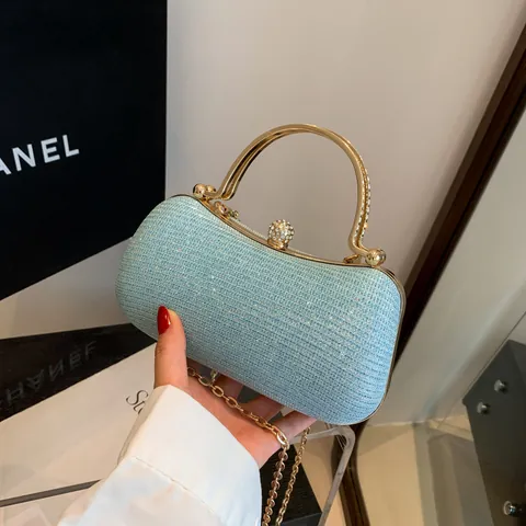 Pochette da Sera Glitter Donna Manico Metallo Oro Strass Matrimonio Festa Borsa a Tracolla Con Catena Rimovibile