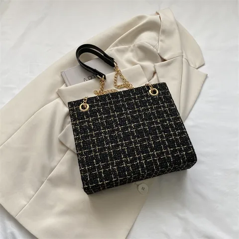 Women Vintage Tweed Plaid Shoulder Bag Luxury Gold Chain Crossbody Handbag Contrast Color Tote For Daily Party Social Lady Gift