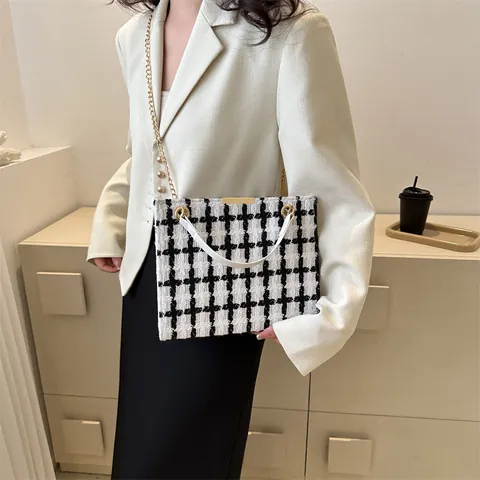 Women Vintage Tweed Plaid Shoulder Bag Luxury Gold Chain Crossbody Handbag Contrast Color Tote For Daily Party Social Lady Gift