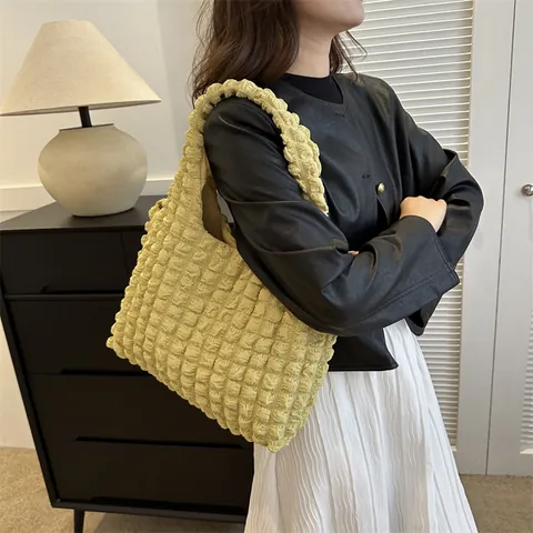 Bolso Tote con Textura de Burbuja de Popcorn para Mujer Moda Bolso de Hombro Fruncido Gran Capacidad Bolso Casual Color Sólido