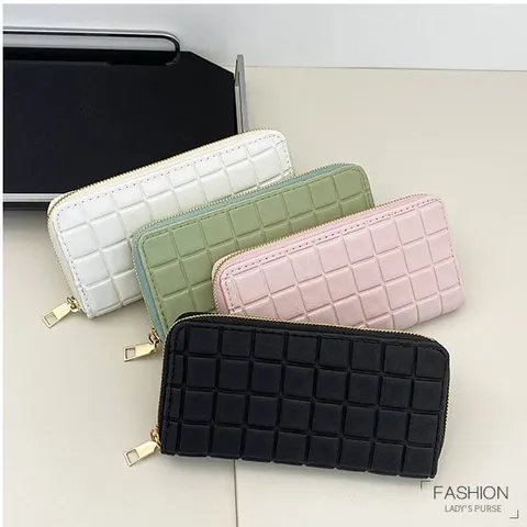 Damen Mode Lange Reißverschluss Brieftasche Gestepptes Gittermuster PU Leder Große Kapazität Clutch Geldbeutel Kartenhalter