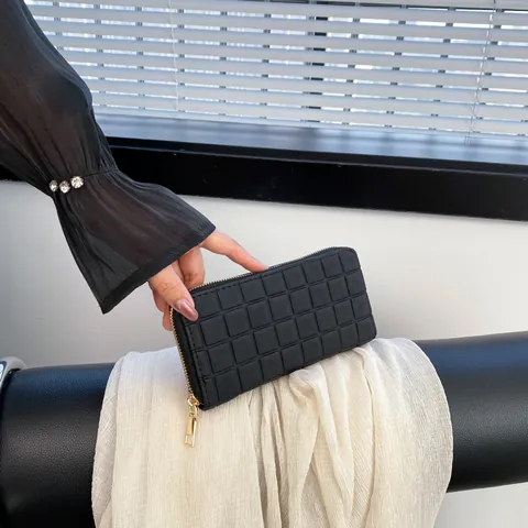 Damen Mode Lange Reißverschluss Brieftasche Gestepptes Gittermuster PU Leder Große Kapazität Clutch Geldbeutel Kartenhalter