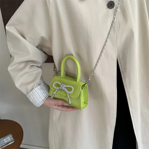 French Style Mini Bow Rhinestone PU Leather Square Crossbody Bag With Metal Chain Strap Handheld Evening Bag For Women