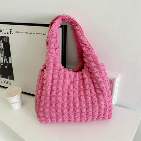 Women Bubble Texture Tote Bag Korean Style Pleated Popcorn Fabric Shoulder Bag Large Capacity Solid Striped Handbag