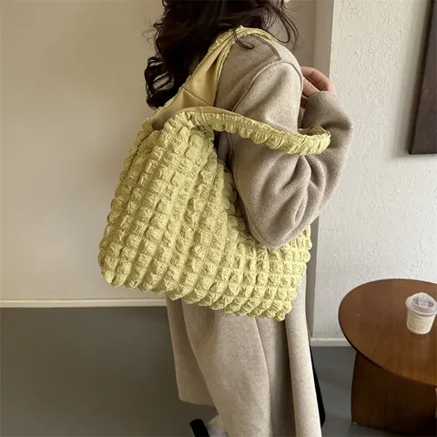 Women Bubble Texture Tote Bag Korean Style Pleated Popcorn Fabric Shoulder Bag Large Capacity Solid Striped Handbag