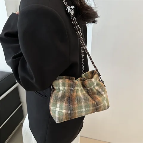 Damen Vintage Wollen Kariert Eimertasche Metallkette Plissiert Kordelzug Schulter Umhängetasche Herbst Winter Handtasche
