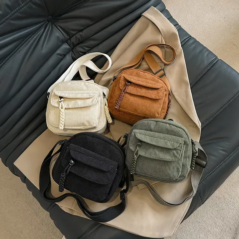 Sac Bandoulière en Velours Côtelé Rétro Pour Femmes Style Japonais Décontracté Avec Poche à Rabat et Tirette Tressée