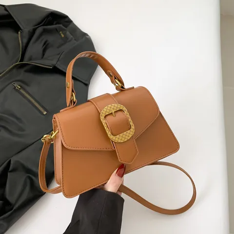 Bolso de Mano para Mujer de Cuero PU Chic Francés con Hebilla Cuadrada Dorada Bolso de Hombro Cuadrado Pequeño de Moda Color Sólido