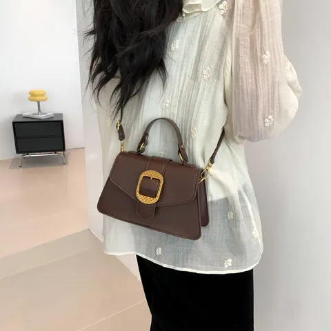 Bolso de Mano para Mujer de Cuero PU Chic Francés con Hebilla Cuadrada Dorada Bolso de Hombro Cuadrado Pequeño de Moda Color Sólido