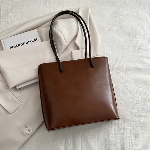 Bolso Tote de Cuero PU Retro para Mujer Gran Capacidad Asa de Color Contraste Bolso de Hombro Minimalista Oficina