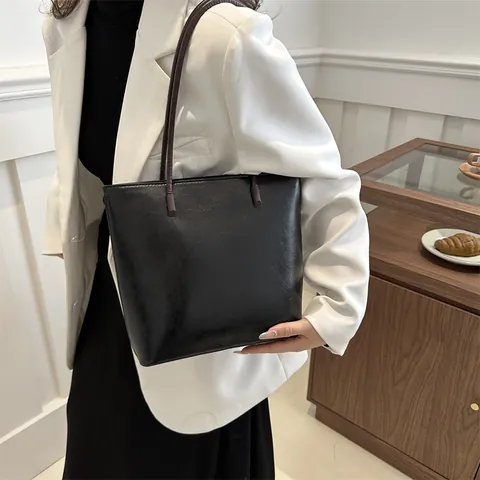 Bolso Tote de Cuero PU Retro para Mujer Gran Capacidad Asa de Color Contraste Bolso de Hombro Minimalista Oficina