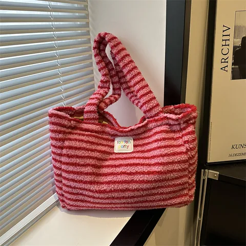 Bolso Tote de Peluche de Gran Capacidad para Mujer Rayas Horizontales de Moda Color de Contraste Bolso de Hombro Suave