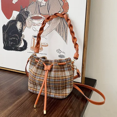 Borsa a Secchiello da Donna in Lana a Quadri Retro Con Manico Intrecciato Pelle Sintetica Coulisse Tracolla Piccola