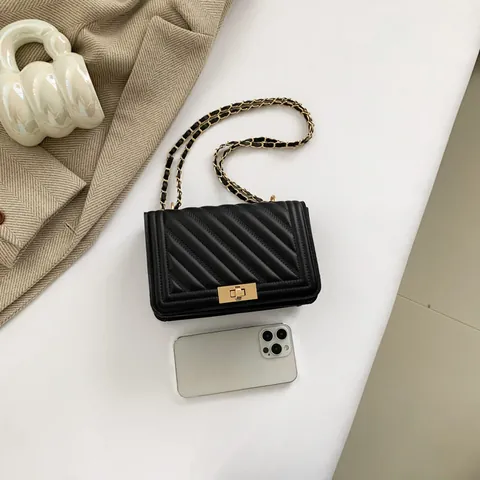 Bolso de Hombro con Cadena Acolchada en V para Mujer Bolso Bandolera Retro de Cuero PU Con Cerradura de Metal Bolso con Solapa