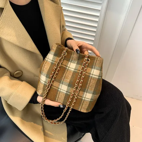 Bolso Cubo Vintage de Lana a Cuadros Para Mujer Cuadrícula Retro Moda Cadena Bolso de Hombro Color de Contraste Casual Otoño Invierno