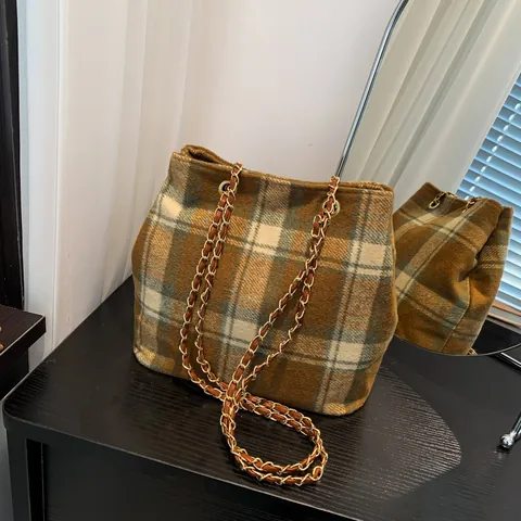 Bolso Cubo Vintage de Lana a Cuadros Para Mujer Cuadrícula Retro Moda Cadena Bolso de Hombro Color de Contraste Casual Otoño Invierno