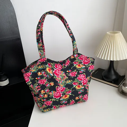 Women Large Capacity Tote Bag Ethnic Peony Floral Print Nylon Shoulder Bag Retro Commuter Fashion Travel Handbag