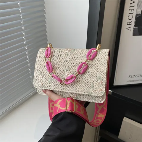 Women Embroidered Woven Crossbody Bag Floral Pattern Acrylic Chain Wide Fabric Strap Vintage Small Square Flap Handbag Vacation
