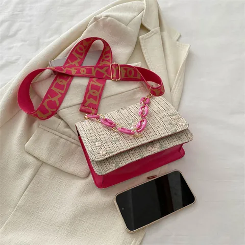 Women Embroidered Woven Crossbody Bag Floral Pattern Acrylic Chain Wide Fabric Strap Vintage Small Square Flap Handbag Vacation