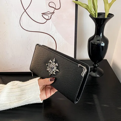 Portefeuille Long Punk Gothique Tête De Mort Pour Femmes Hommes Cuir PU Étoile En Strass Coins Métalliques Pochette Porte-Monnaie Téléphone