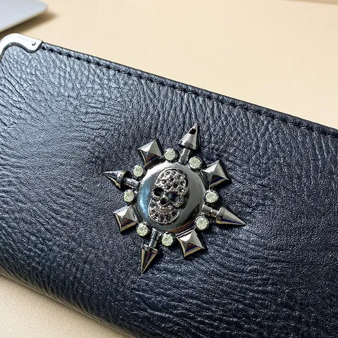 Portefeuille Long Punk Gothique Tête De Mort Pour Femmes Hommes Cuir PU Étoile En Strass Coins Métalliques Pochette Porte-Monnaie Téléphone