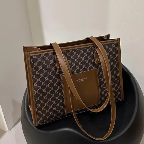 Dames Retro Monogram Grote Capaciteit Tote Bag PU Leer Schoudertas Pendelen Handtas Geometrische Print Vintage Okseltas