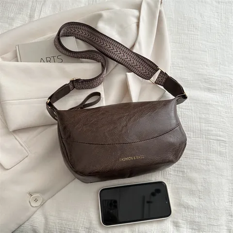 Vintage PU Leather Dumpling Crossbody Bag For Women Fashion Wide Geometric Strap Shoulder Bag Solid Color Zipper Daily Purse