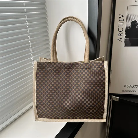 Women Vintage Burlap Linen Tote Bag Large Capacity Geometric Print Handbag Contrast Stitching Shoulder Bag Daily Travel Shopping Bag