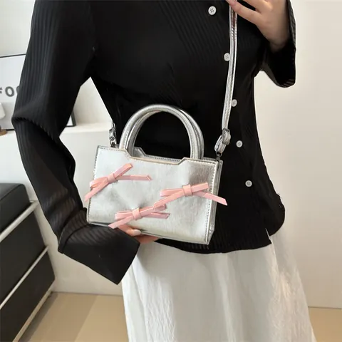 Women Sweet Bow Small Square Bag Metallic Glossy Synthetic Leather Handbag Adjustable Shoulder Strap Crossbody Bag Fashion Tote